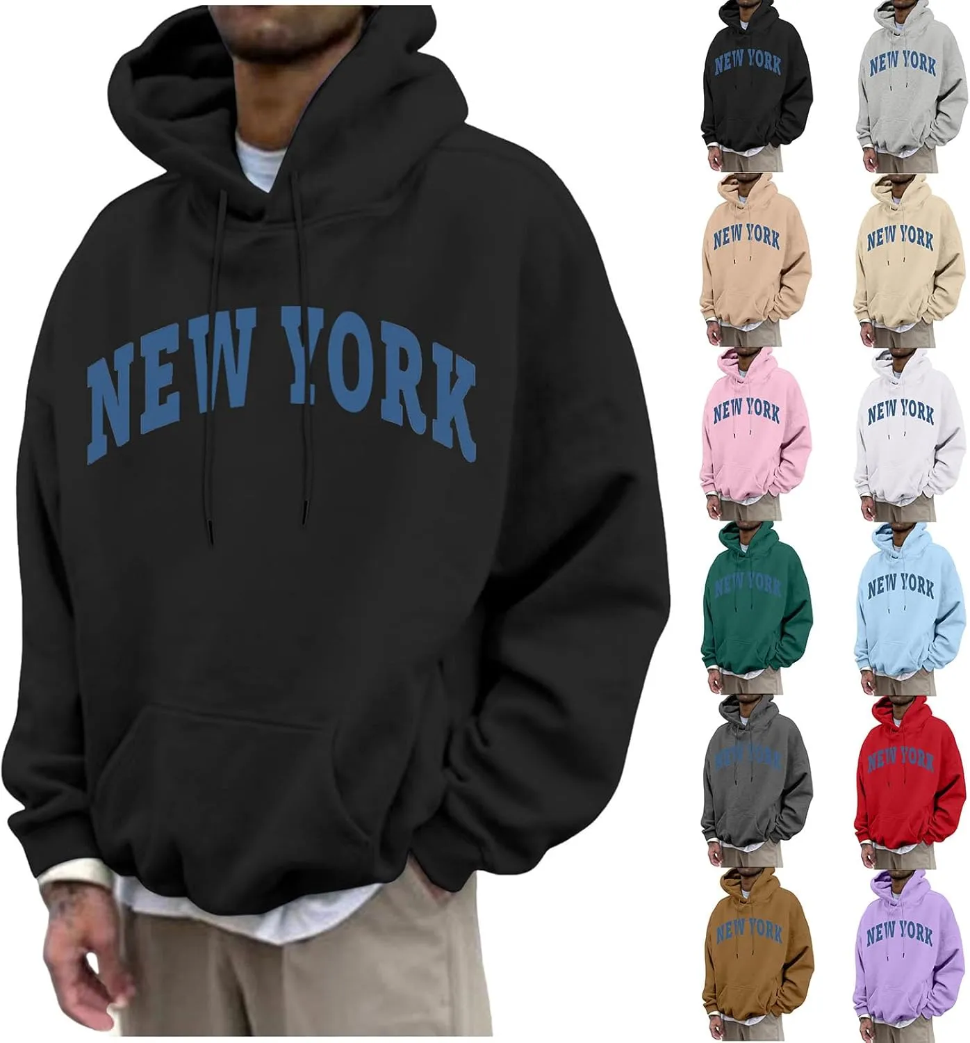 New York Sweatshirts Hoodies Men's Crew Neck Letter Graphic Hoodie Relaxed Fit Long Sleeve Pullover Tops