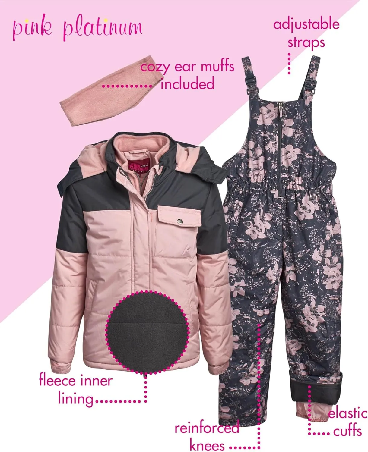 Pink Platinum Girls' Snowsuit - Water Resistant Winter Jacket and Ski Bib Overalls (2T-16)