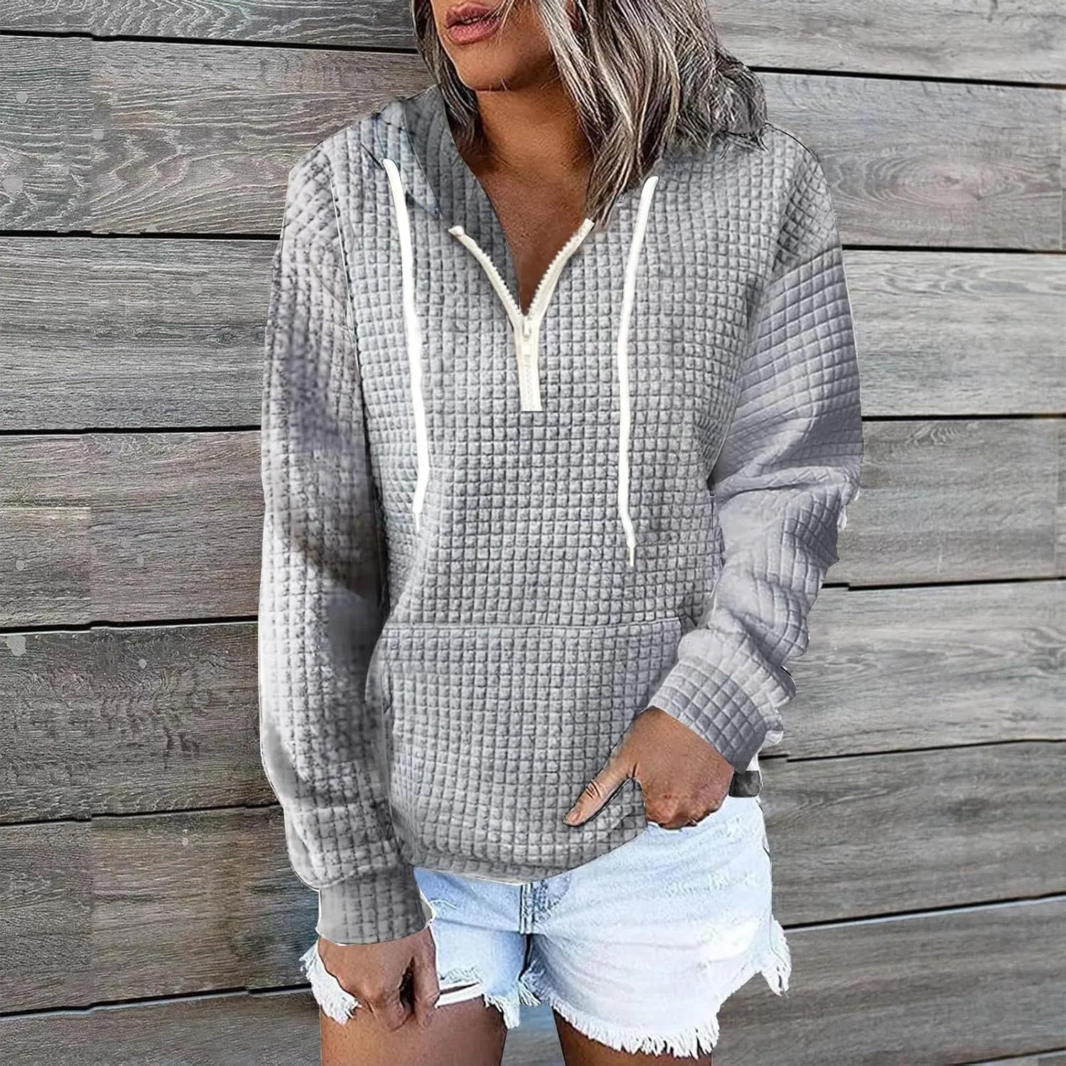 Plus Size Waffle Hooded Sweatshirts Quarter Zip Pullover Sweaters Fall Comfy Loose Fit Casual String Hoodies Blouse