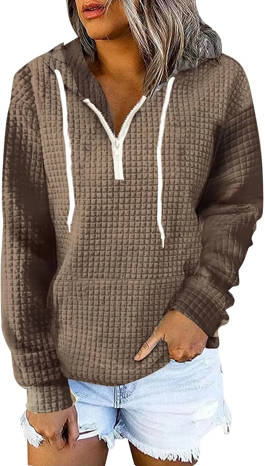 Plus Size Waffle Hooded Sweatshirts Quarter Zip Pullover Sweaters Fall Comfy Loose Fit Casual String Hoodies Blouse