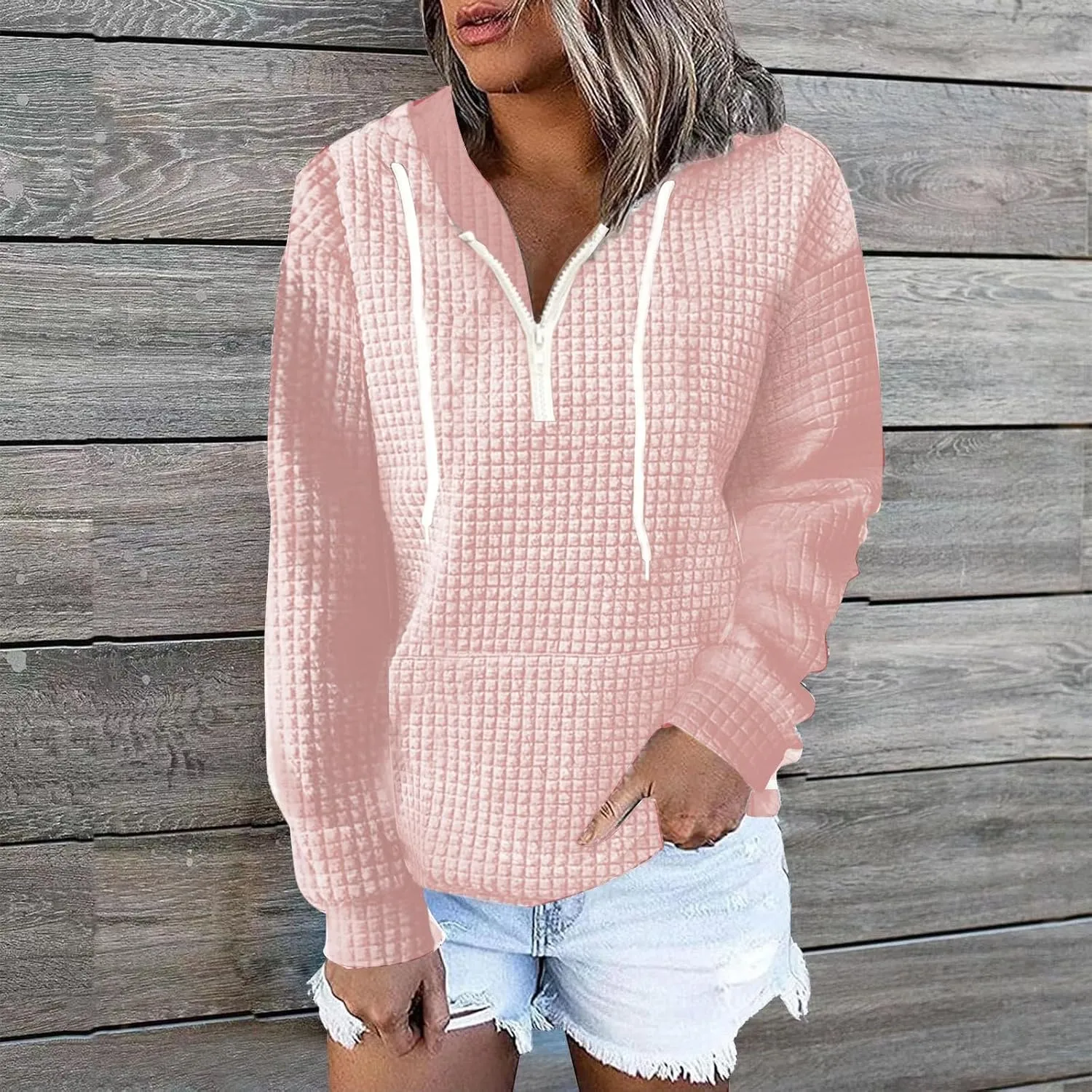 Plus Size Waffle Hooded Sweatshirts Quarter Zip Pullover Sweaters Fall Comfy Loose Fit Casual String Hoodies Blouse