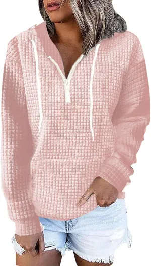 Plus Size Waffle Hooded Sweatshirts Quarter Zip Pullover Sweaters Fall Comfy Loose Fit Casual String Hoodies Blouse