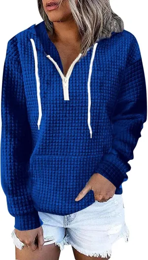 Plus Size Waffle Hooded Sweatshirts Quarter Zip Pullover Sweaters Fall Comfy Loose Fit Casual String Hoodies Blouse