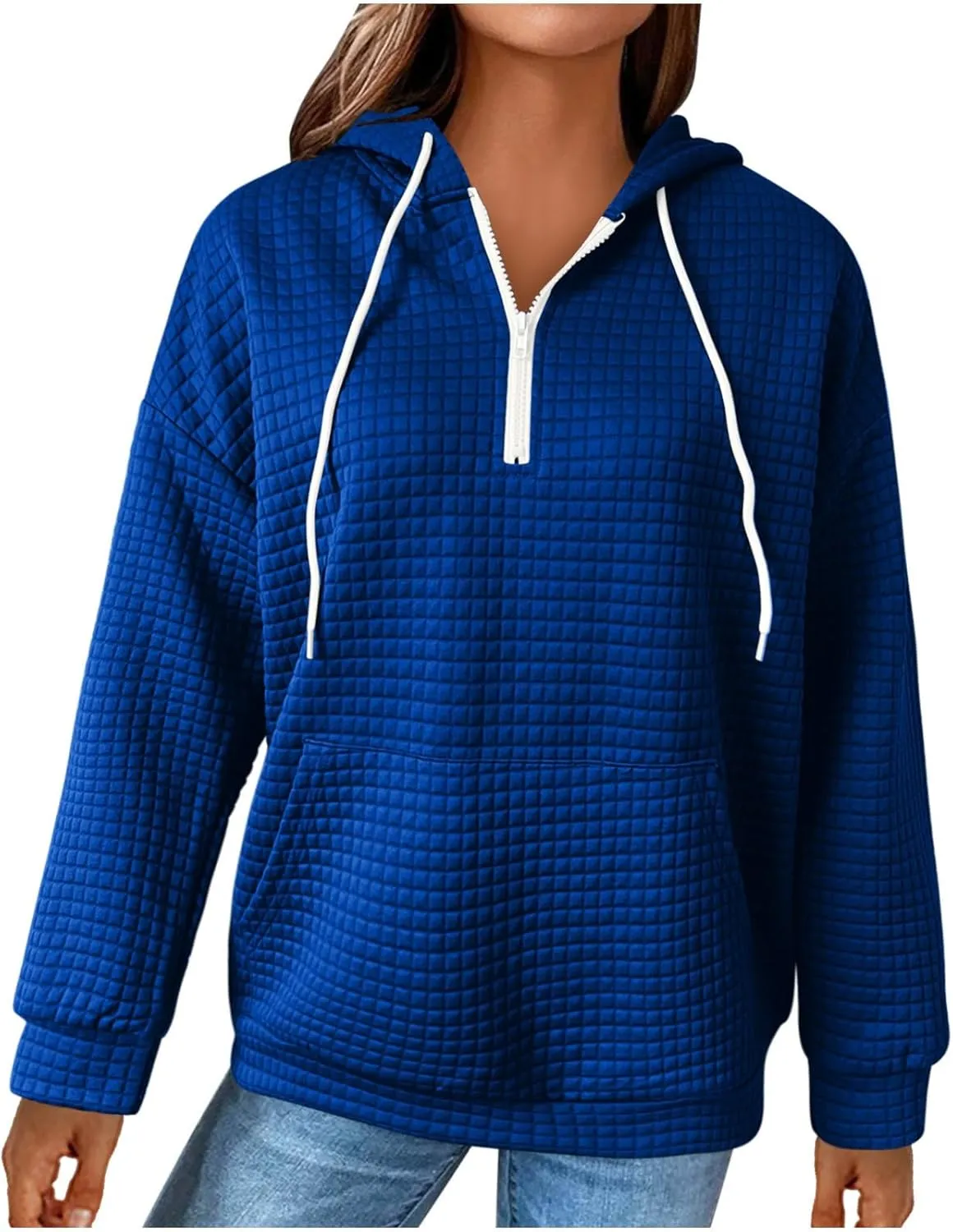 Plus Size Waffle Hooded Sweatshirts Quarter Zip Pullover Sweaters Fall Comfy Loose Fit Casual String Hoodies Blouse