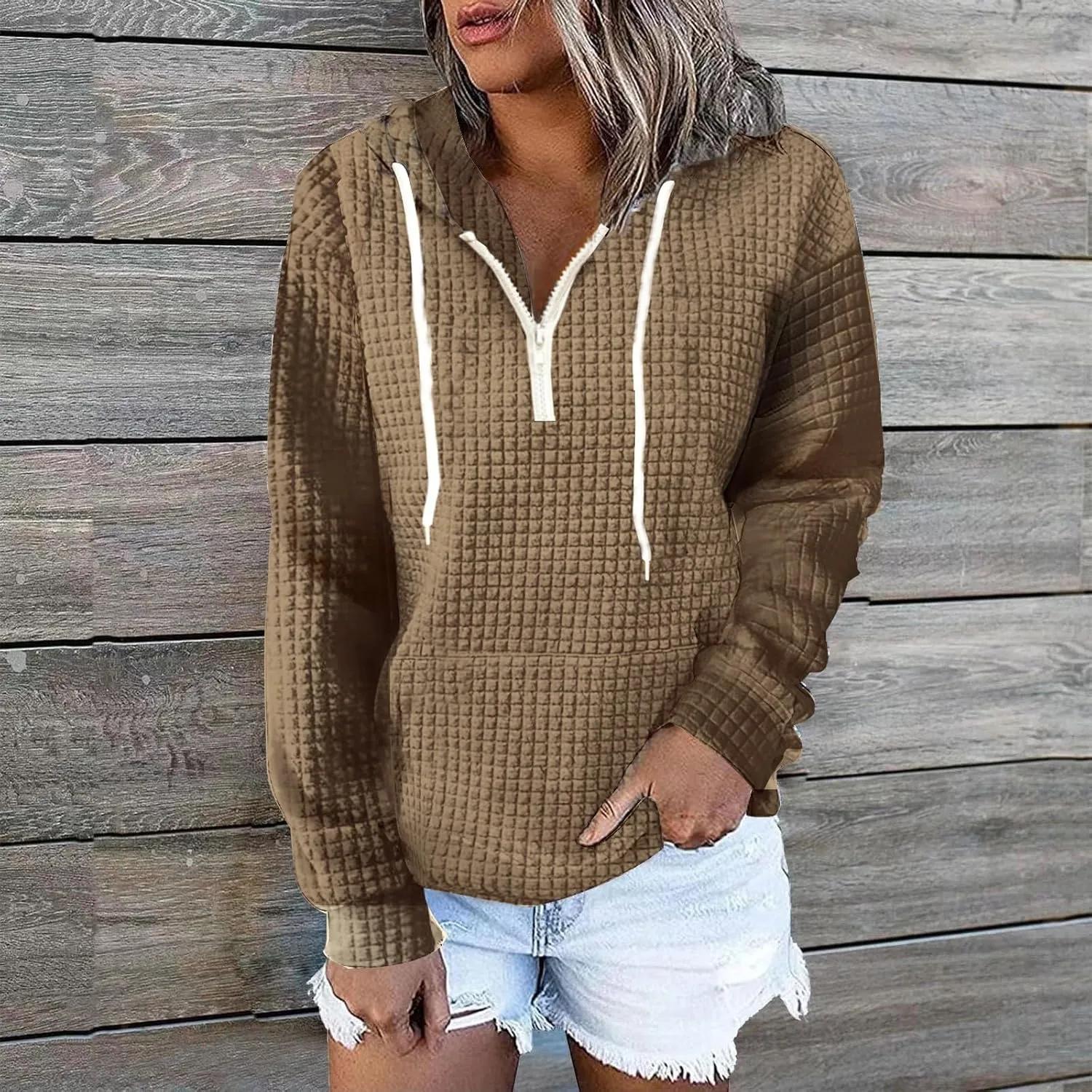 Plus Size Waffle Hooded Sweatshirts Quarter Zip Pullover Sweaters Fall Comfy Loose Fit Casual String Hoodies Blouse