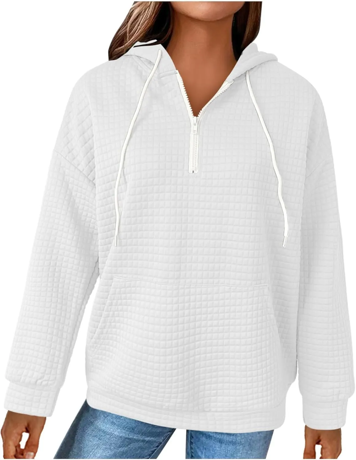 Plus Size Waffle Hooded Sweatshirts Quarter Zip Pullover Sweaters Fall Comfy Loose Fit Casual String Hoodies Blouse