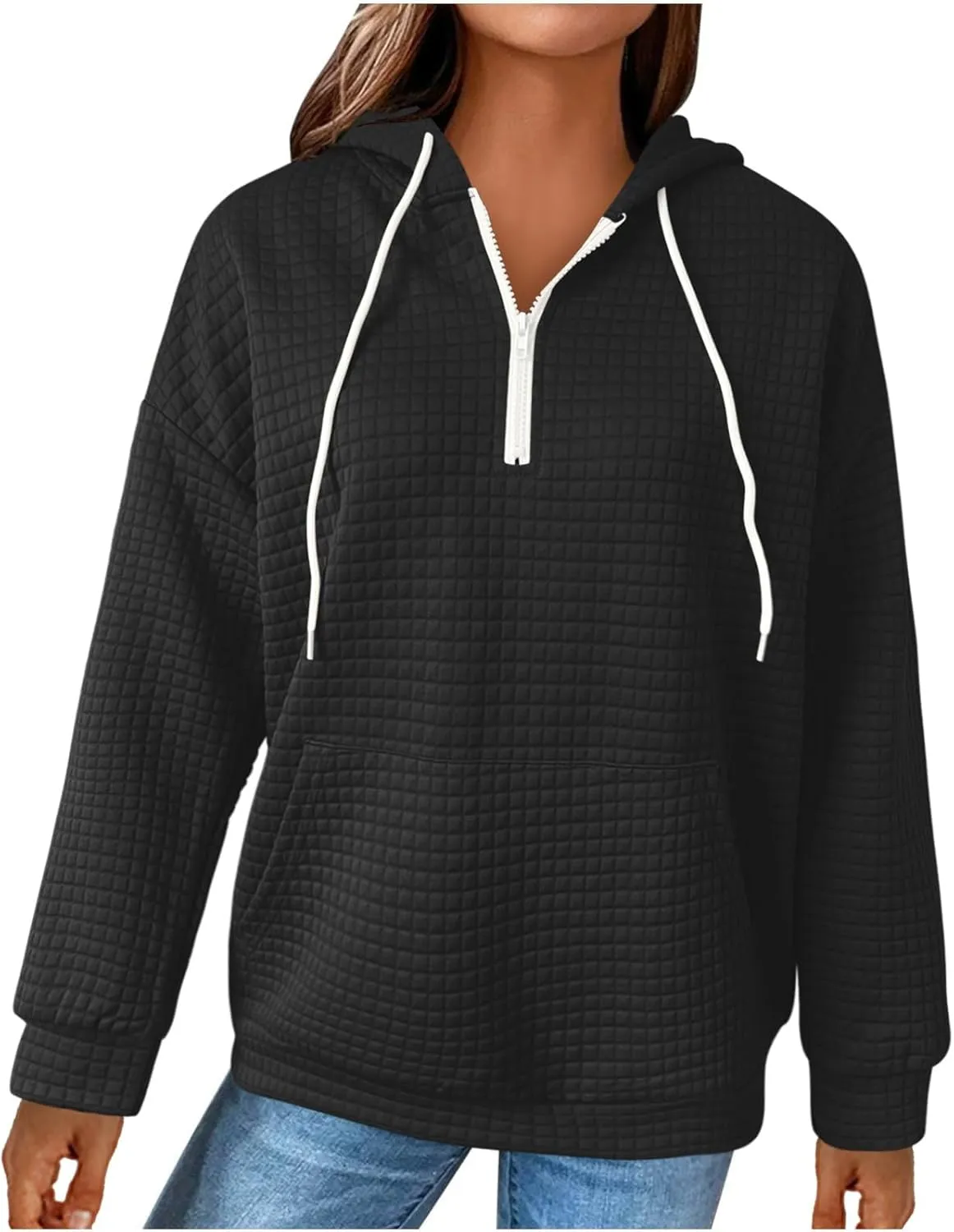 Plus Size Waffle Hooded Sweatshirts Quarter Zip Pullover Sweaters Fall Comfy Loose Fit Casual String Hoodies Blouse