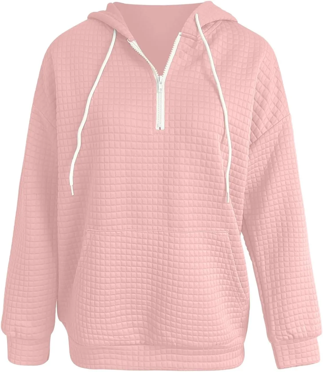 Plus Size Waffle Hooded Sweatshirts Quarter Zip Pullover Sweaters Fall Comfy Loose Fit Casual String Hoodies Blouse