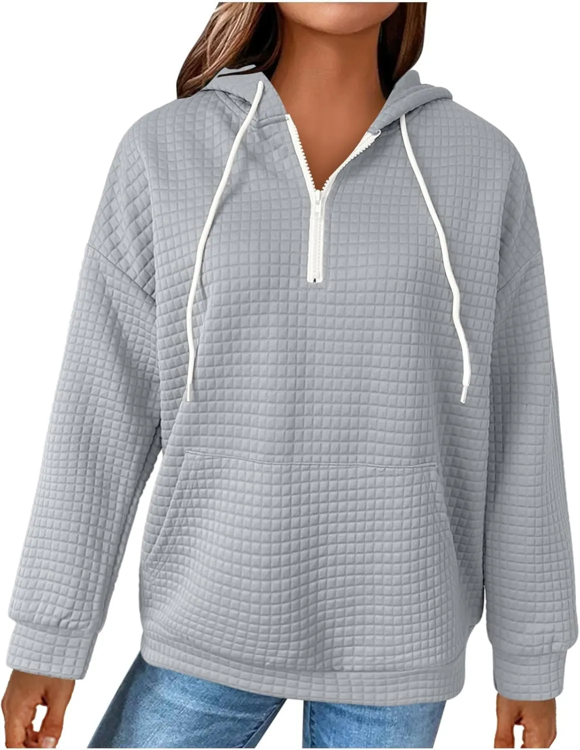 Plus Size Waffle Hooded Sweatshirts Quarter Zip Pullover Sweaters Fall Comfy Loose Fit Casual String Hoodies Blouse