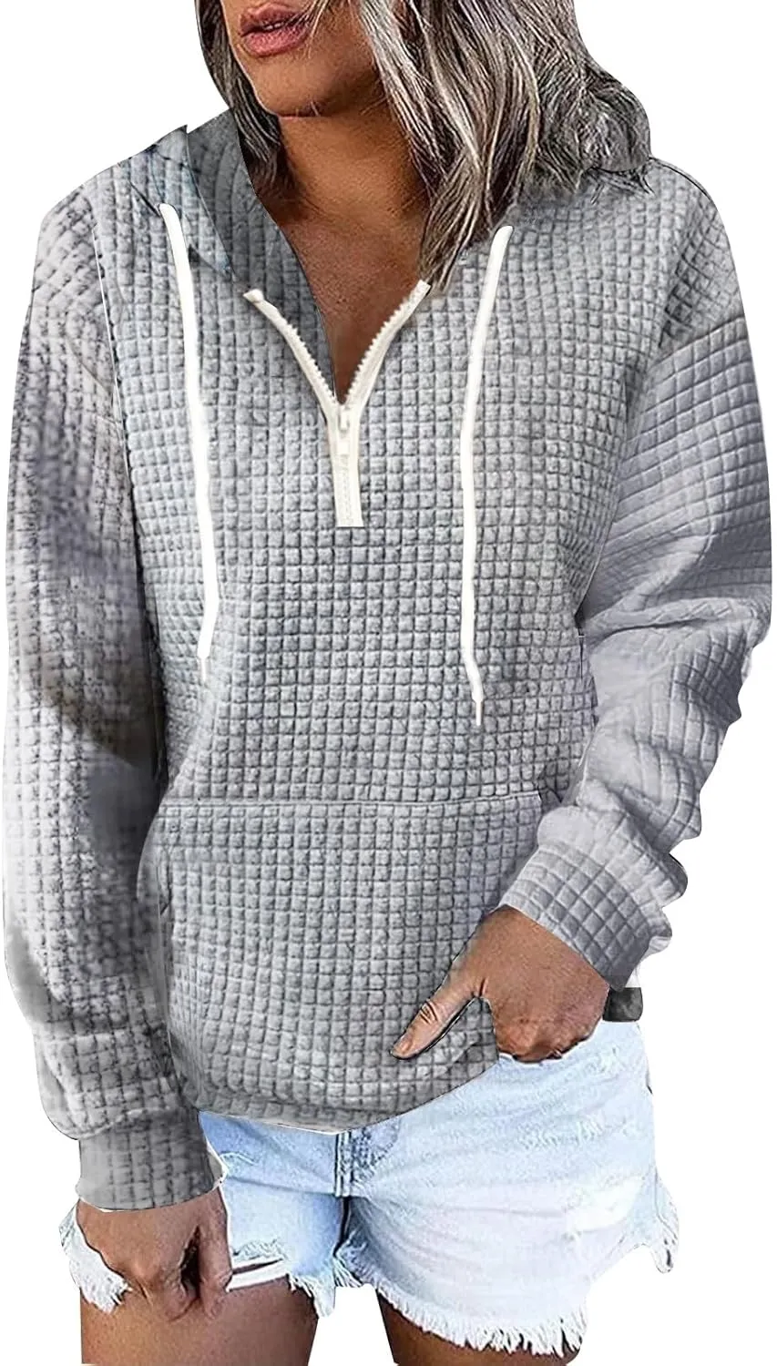Plus Size Waffle Hooded Sweatshirts Quarter Zip Pullover Sweaters Fall Comfy Loose Fit Casual String Hoodies Blouse