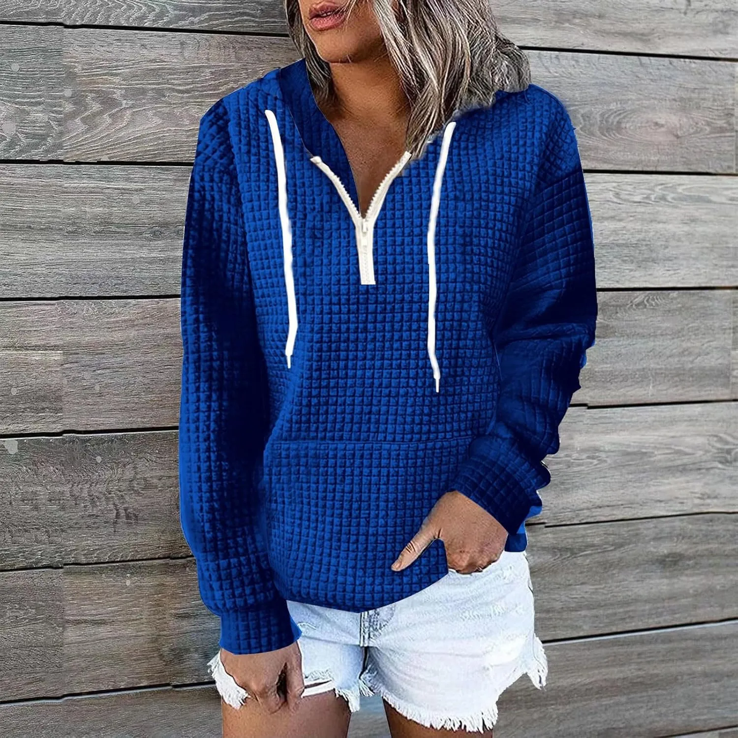 Plus Size Waffle Hooded Sweatshirts Quarter Zip Pullover Sweaters Fall Comfy Loose Fit Casual String Hoodies Blouse