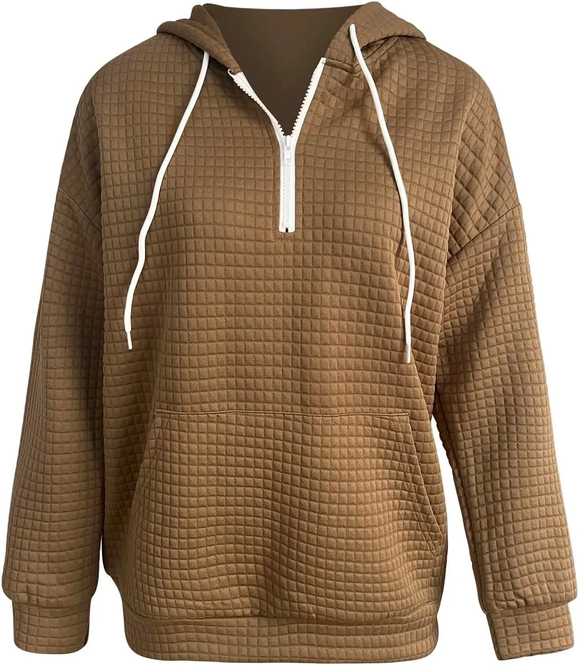 Plus Size Waffle Hooded Sweatshirts Quarter Zip Pullover Sweaters Fall Comfy Loose Fit Casual String Hoodies Blouse