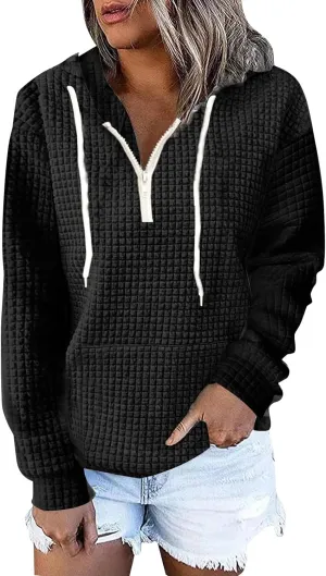 Plus Size Waffle Hooded Sweatshirts Quarter Zip Pullover Sweaters Fall Comfy Loose Fit Casual String Hoodies Blouse