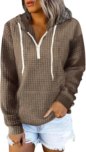 Plus Size Waffle Hooded Sweatshirts Quarter Zip Pullover Sweaters Fall Comfy Loose Fit Casual String Hoodies Blouse