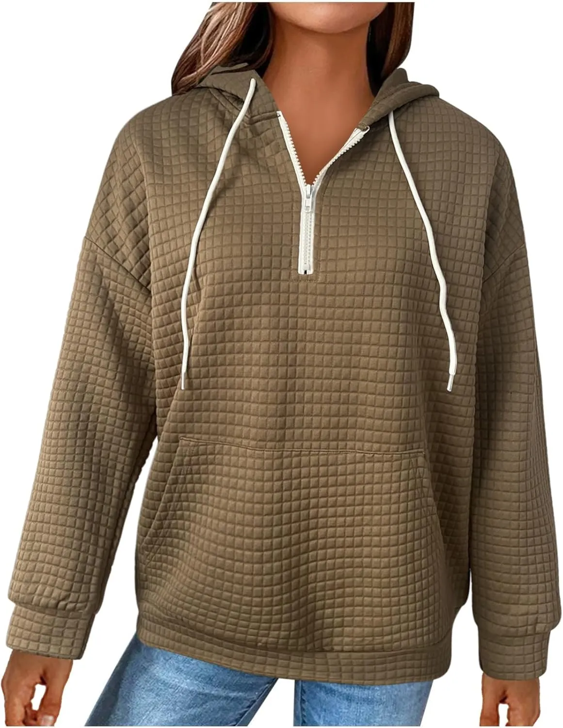 Plus Size Waffle Hooded Sweatshirts Quarter Zip Pullover Sweaters Fall Comfy Loose Fit Casual String Hoodies Blouse