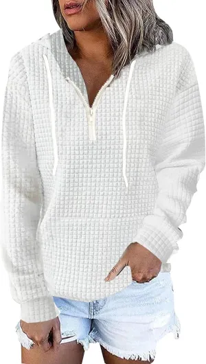 Plus Size Waffle Hooded Sweatshirts Quarter Zip Pullover Sweaters Fall Comfy Loose Fit Casual String Hoodies Blouse