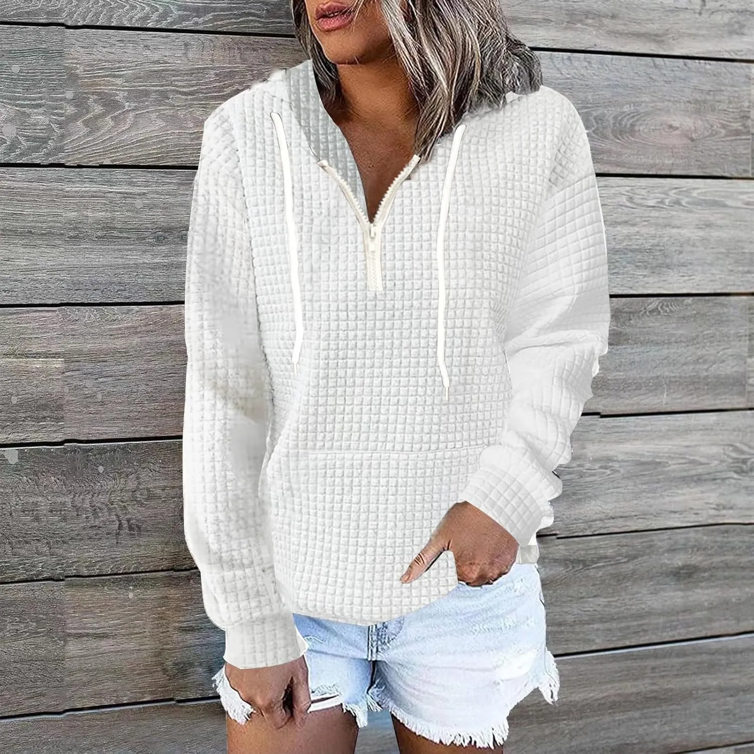 Plus Size Waffle Hooded Sweatshirts Quarter Zip Pullover Sweaters Fall Comfy Loose Fit Casual String Hoodies Blouse