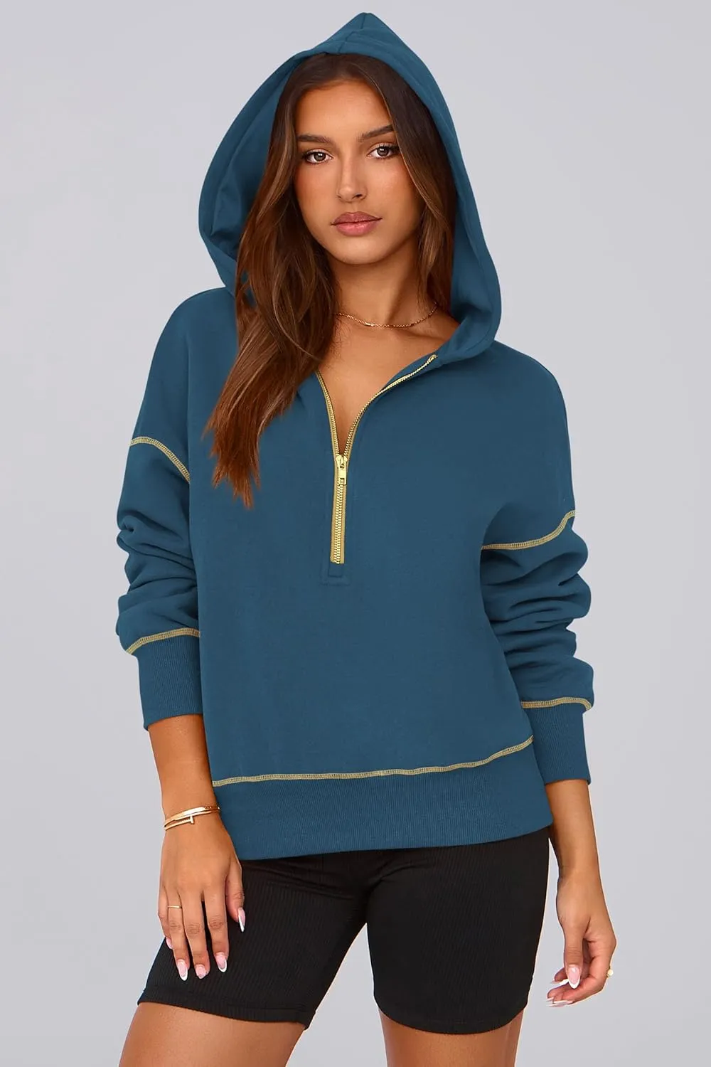 PRETTYGARDEN Women's Hooded Sweatshirts Long Sleeve Half Zip Cropped Hoodie Pullover Winter Fashion Clothes