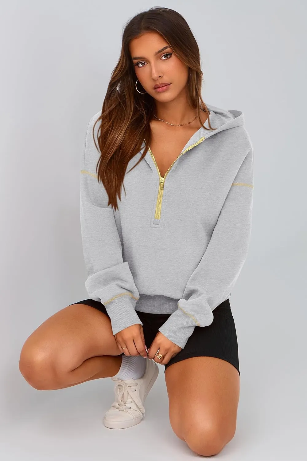 PRETTYGARDEN Women's Hooded Sweatshirts Long Sleeve Half Zip Cropped Hoodie Pullover Winter Fashion Clothes