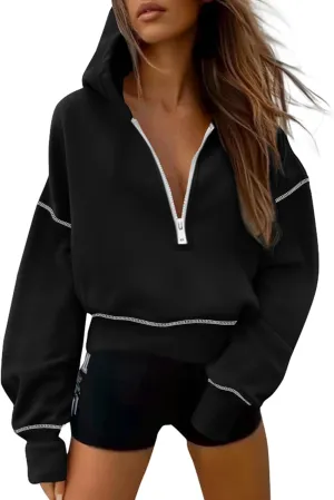 PRETTYGARDEN Women's Hooded Sweatshirts Long Sleeve Half Zip Cropped Hoodie Pullover Winter Fashion Clothes