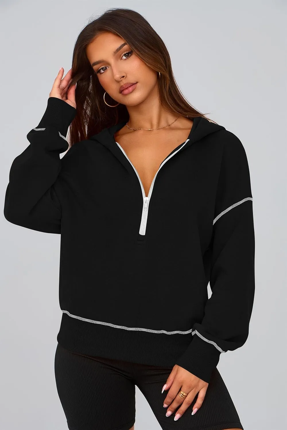 PRETTYGARDEN Women's Hooded Sweatshirts Long Sleeve Half Zip Cropped Hoodie Pullover Winter Fashion Clothes
