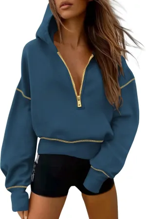 PRETTYGARDEN Women's Hooded Sweatshirts Long Sleeve Half Zip Cropped Hoodie Pullover Winter Fashion Clothes