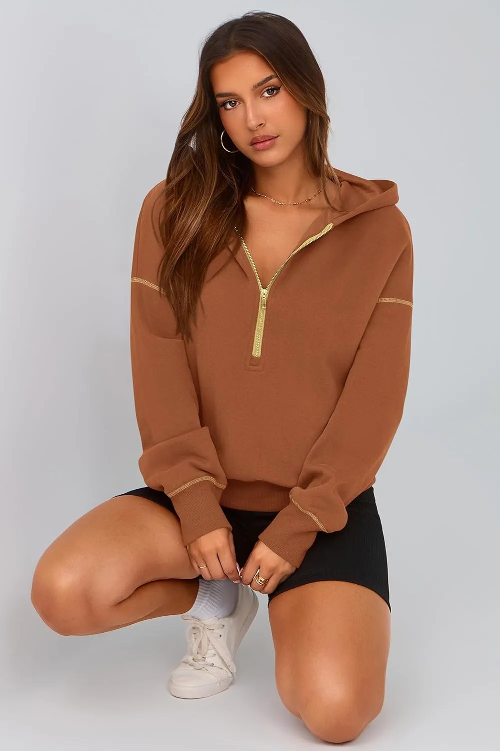 PRETTYGARDEN Women's Hooded Sweatshirts Long Sleeve Half Zip Cropped Hoodie Pullover Winter Fashion Clothes