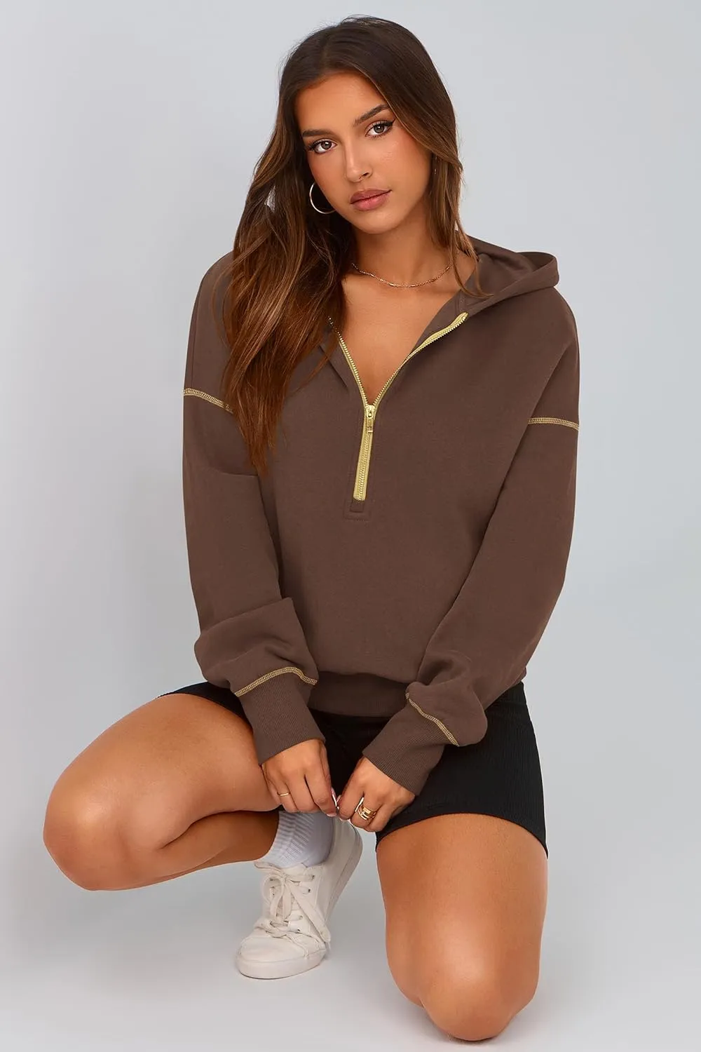 PRETTYGARDEN Women's Hooded Sweatshirts Long Sleeve Half Zip Cropped Hoodie Pullover Winter Fashion Clothes