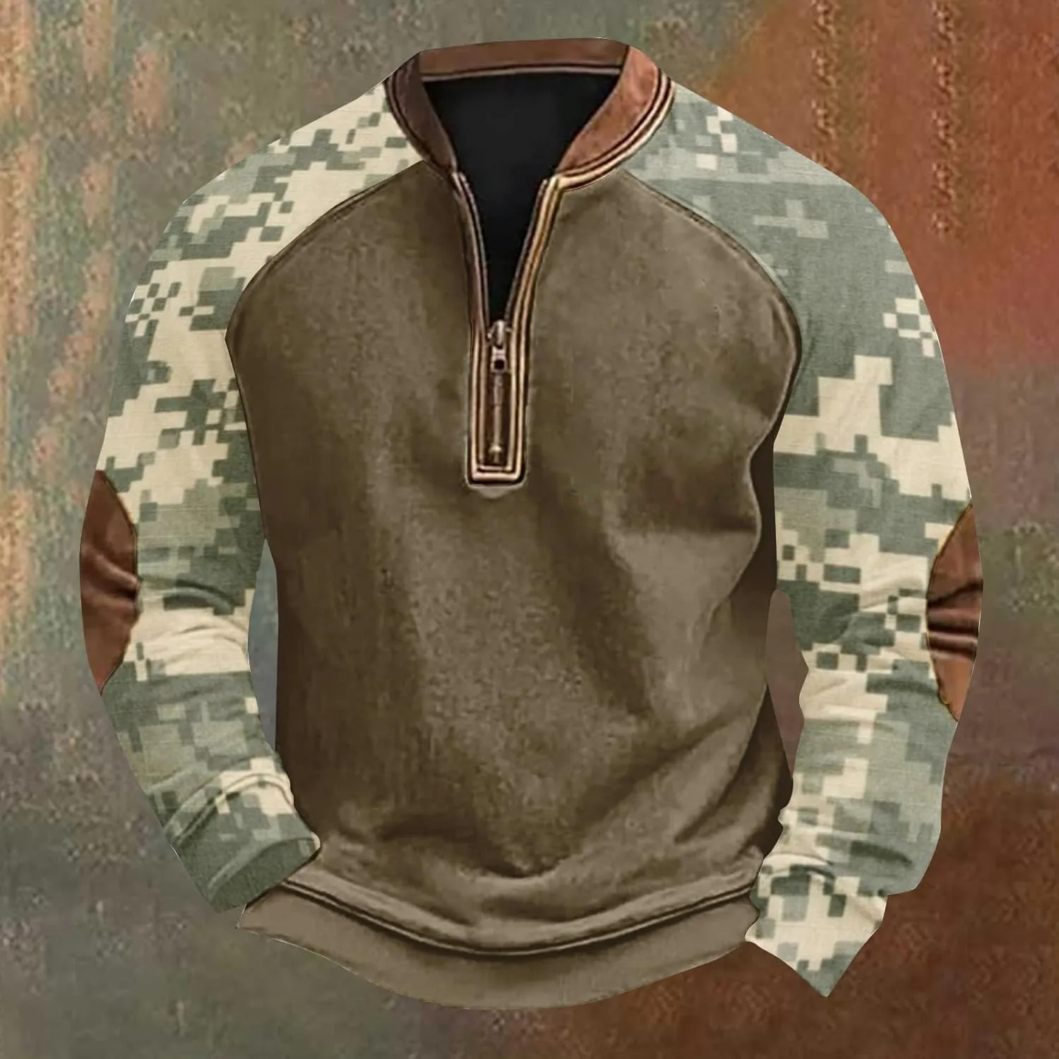 Quarter Zip Pullover Men Long Sleeve Camo Casual Sweatshirt 2024 Winter Henley Neck Plus Size Loose Pullover Tops