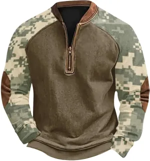 Quarter Zip Pullover Men Long Sleeve Camo Casual Sweatshirt 2024 Winter Henley Neck Plus Size Loose Pullover Tops