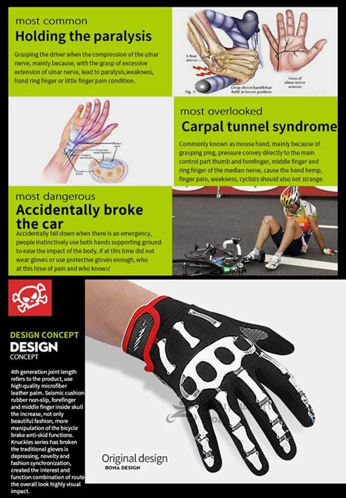 Runspeed Cycling Gloves Skull Bone Skeleton Motorcycle Mountain Bike Road Racing Bicycle Shockproof Gel Pad Riding Touch Recognition Full Finger Men Women Work Glove