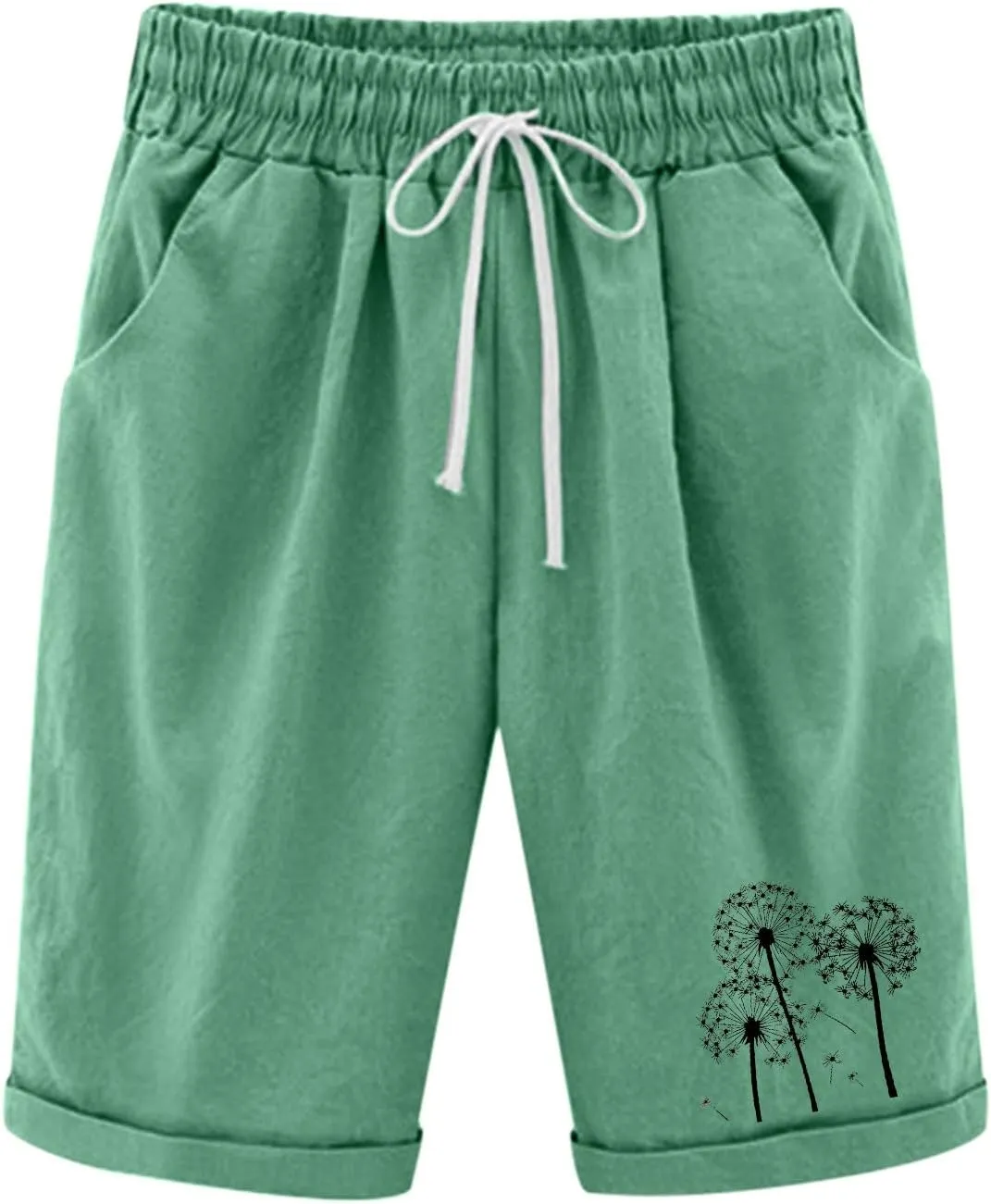 Rvidbe Bermuda Shorts for Women Knee Length High Waisted Trendy Casual Lightweight Elastic Waist Cotton Linen Shorts Pockets Bermuda Shorts Women Denim Knee Length Shorts Women Loose Fit