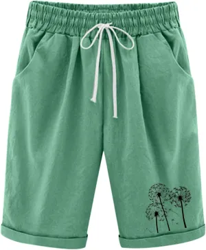 Rvidbe Bermuda Shorts for Women Knee Length High Waisted Trendy Casual Lightweight Elastic Waist Cotton Linen Shorts Pockets Bermuda Shorts Women Denim Knee Length Shorts Women Loose Fit