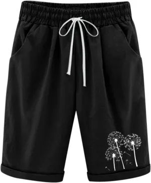 Rvidbe Bermuda Shorts for Women Knee Length High Waisted Trendy Casual Lightweight Elastic Waist Cotton Linen Shorts Pockets Womens Bermuda Shorts Denim Women's Bermuda Shorts With Pockets