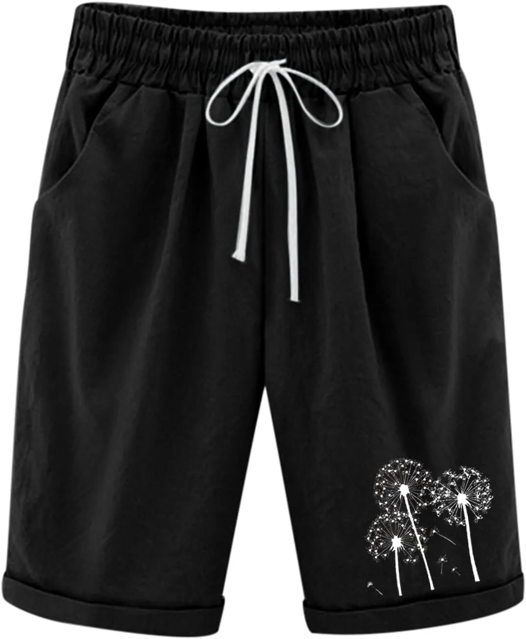Rvidbe Bermuda Shorts for Women Knee Length High Waisted Trendy Casual Lightweight Elastic Waist Cotton Linen Shorts Pockets Womens Bermuda Shorts Denim Women's Bermuda Shorts With Pockets