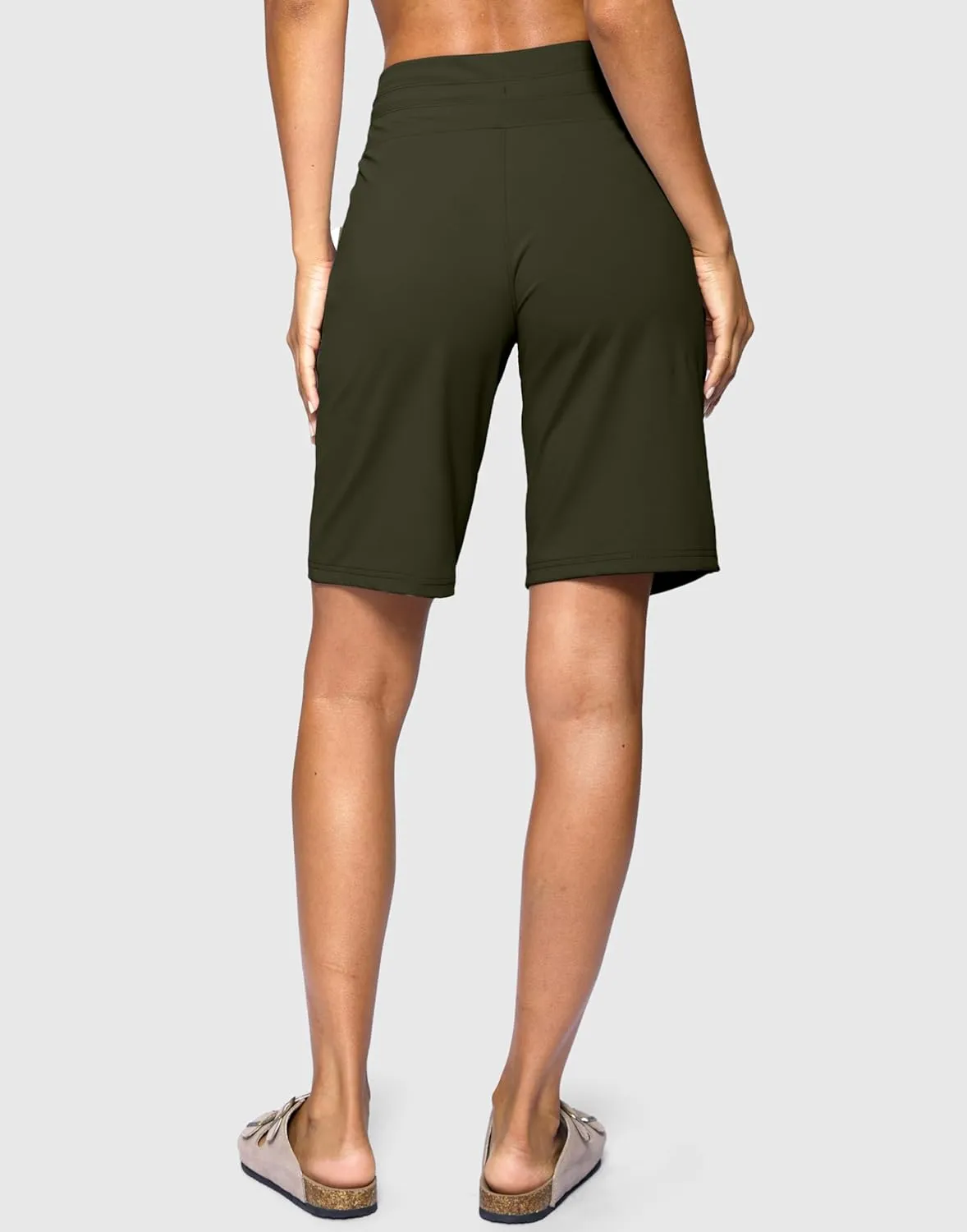 SANTINY Women's Bermuda Long Shorts with Pockets High Waisted Athletic Knee Length Shorts for Walking Casual Workout