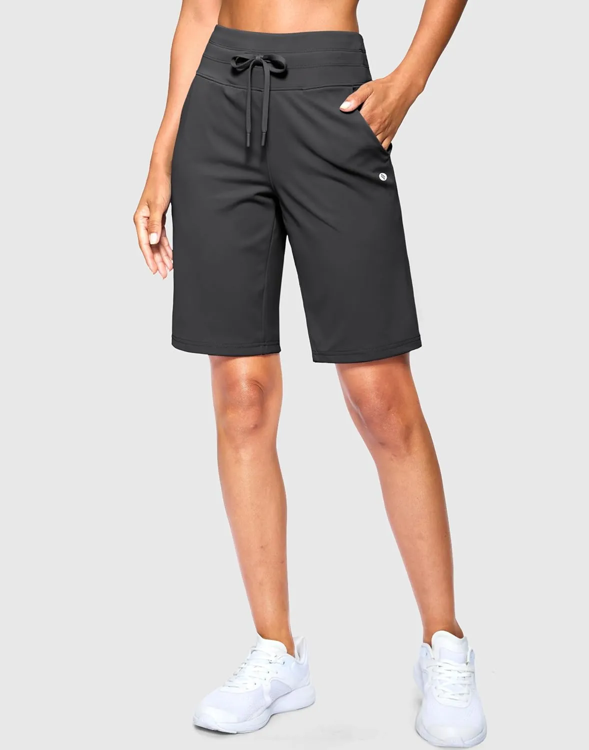 SANTINY Women's Bermuda Long Shorts with Pockets High Waisted Athletic Knee Length Shorts for Walking Casual Workout