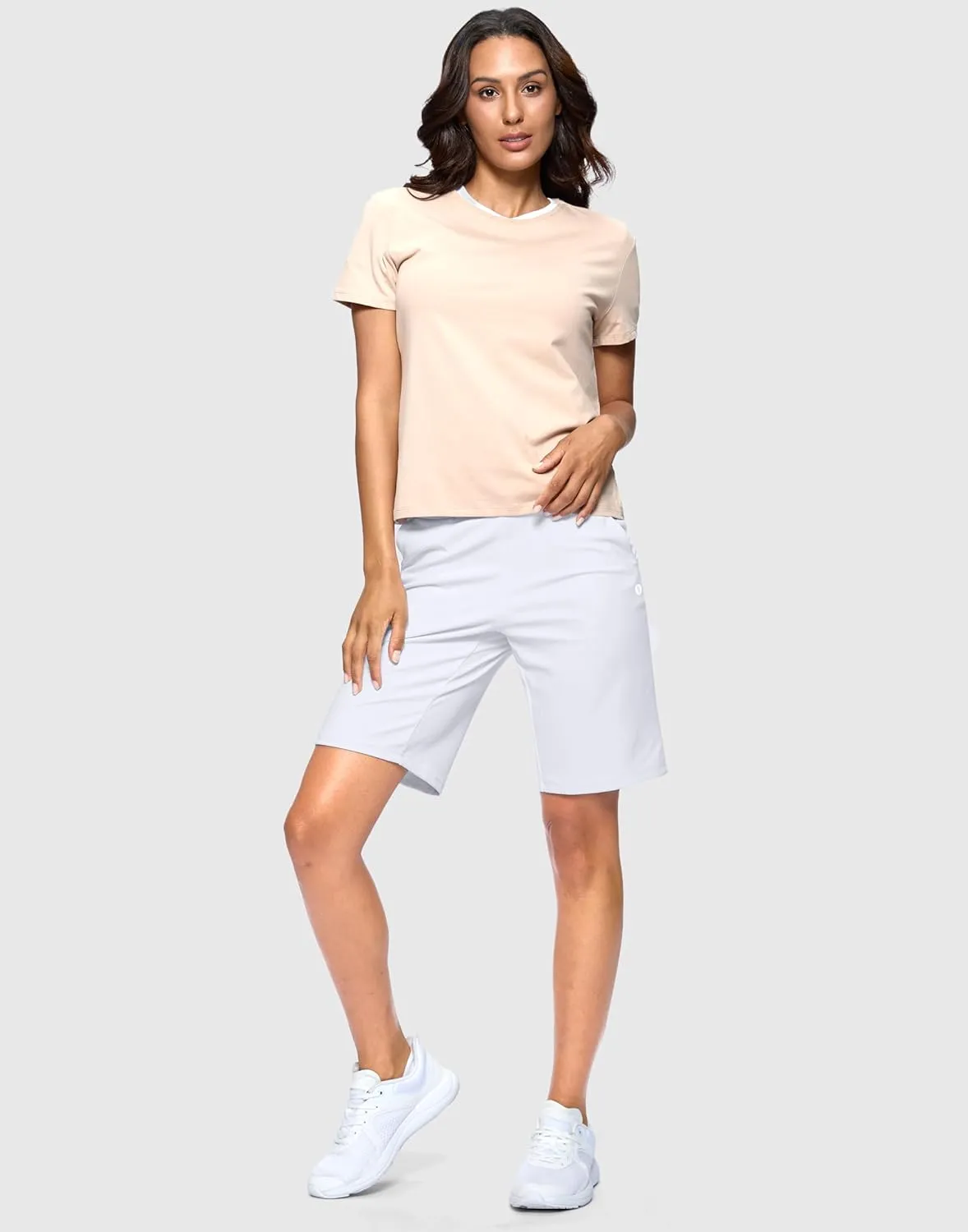 SANTINY Women's Bermuda Long Shorts with Pockets High Waisted Athletic Knee Length Shorts for Walking Casual Workout