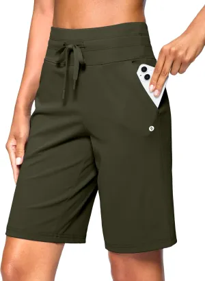 SANTINY Women's Bermuda Long Shorts with Pockets High Waisted Athletic Knee Length Shorts for Walking Casual Workout