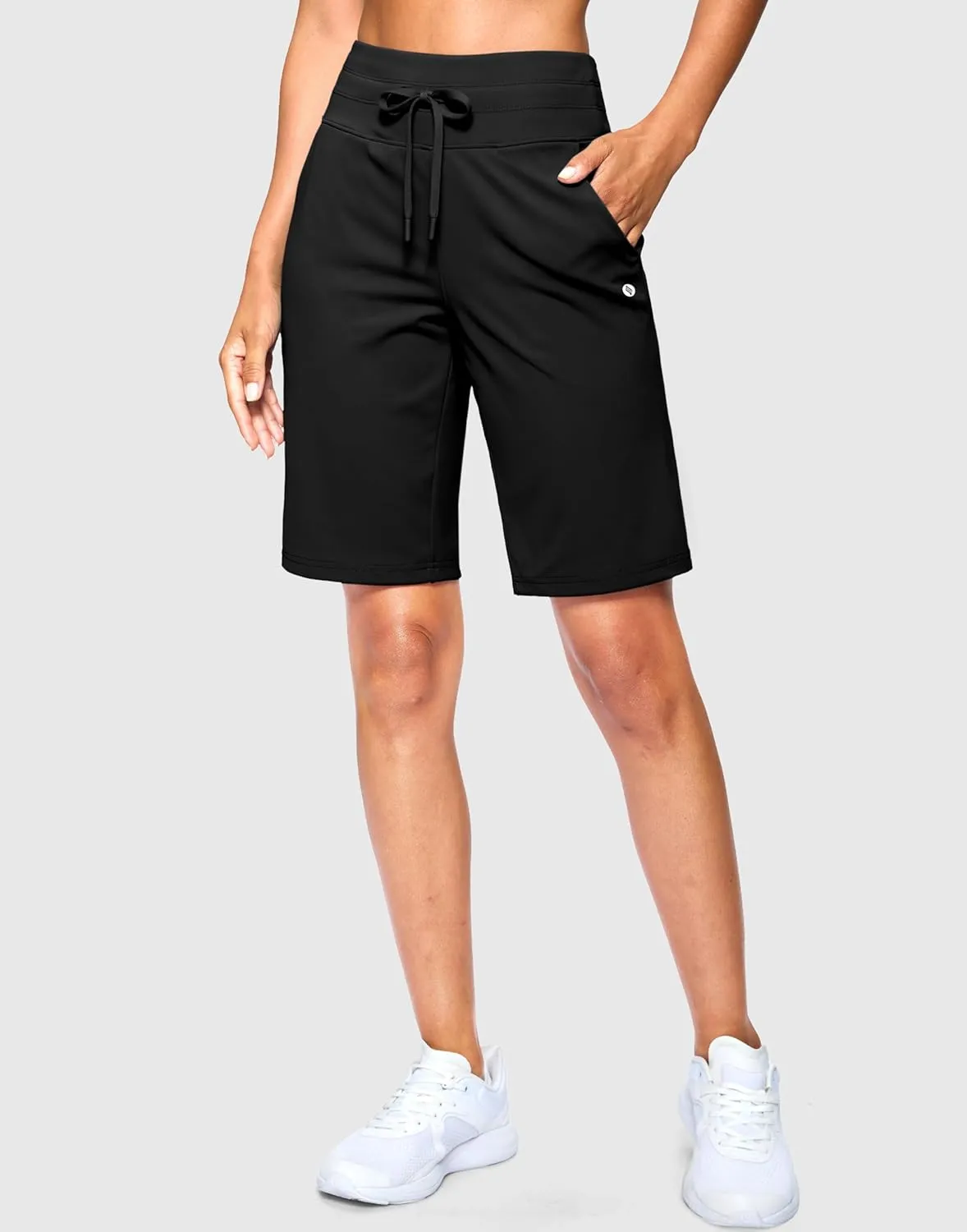 SANTINY Women's Bermuda Long Shorts with Pockets High Waisted Athletic Knee Length Shorts for Walking Casual Workout