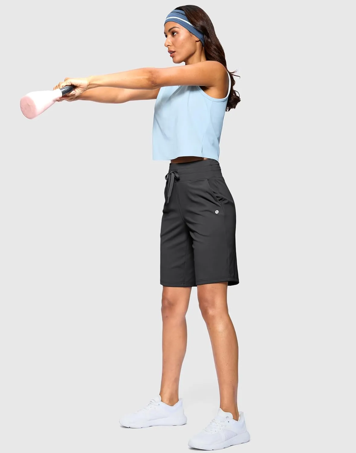 SANTINY Women's Bermuda Long Shorts with Pockets High Waisted Athletic Knee Length Shorts for Walking Casual Workout
