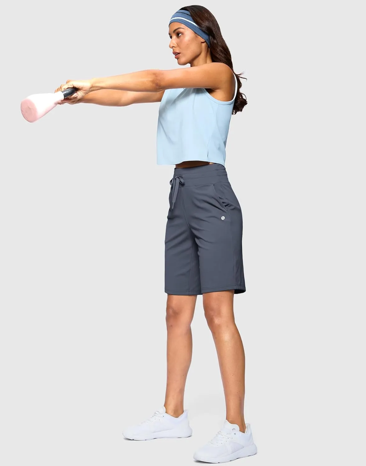 SANTINY Women's Bermuda Long Shorts with Pockets High Waisted Athletic Knee Length Shorts for Walking Casual Workout