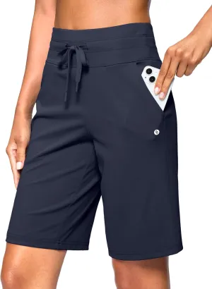 SANTINY Women's Bermuda Long Shorts with Pockets High Waisted Athletic Knee Length Shorts for Walking Casual Workout