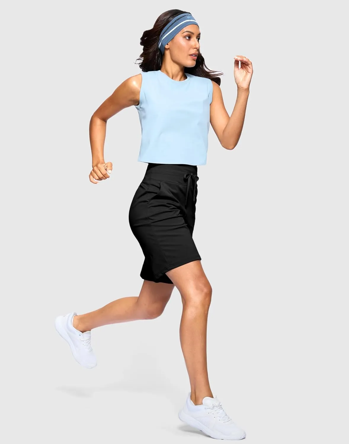 SANTINY Women's Bermuda Long Shorts with Pockets High Waisted Athletic Knee Length Shorts for Walking Casual Workout