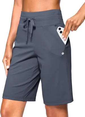 SANTINY Women's Bermuda Long Shorts with Pockets High Waisted Athletic Knee Length Shorts for Walking Casual Workout