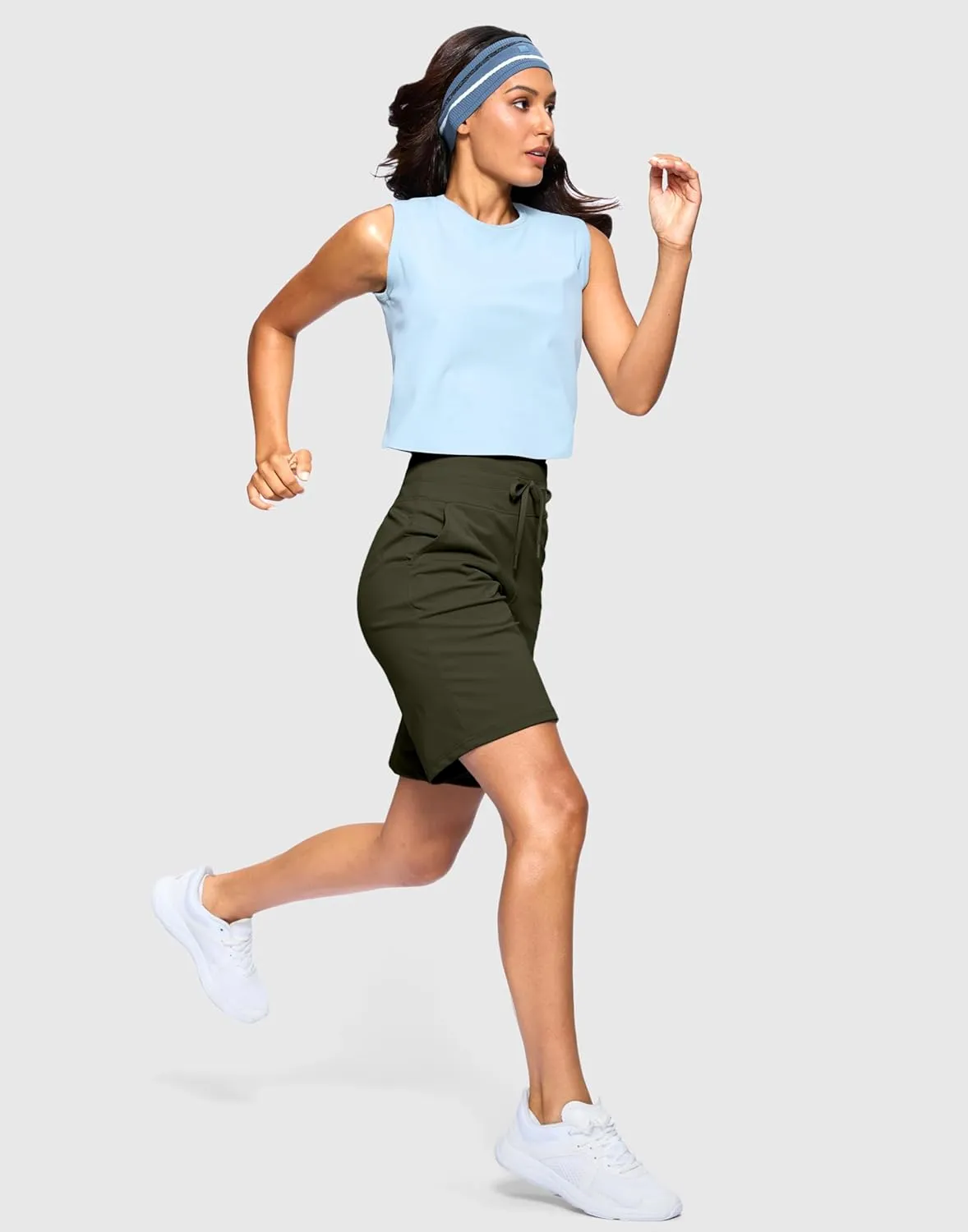 SANTINY Women's Bermuda Long Shorts with Pockets High Waisted Athletic Knee Length Shorts for Walking Casual Workout