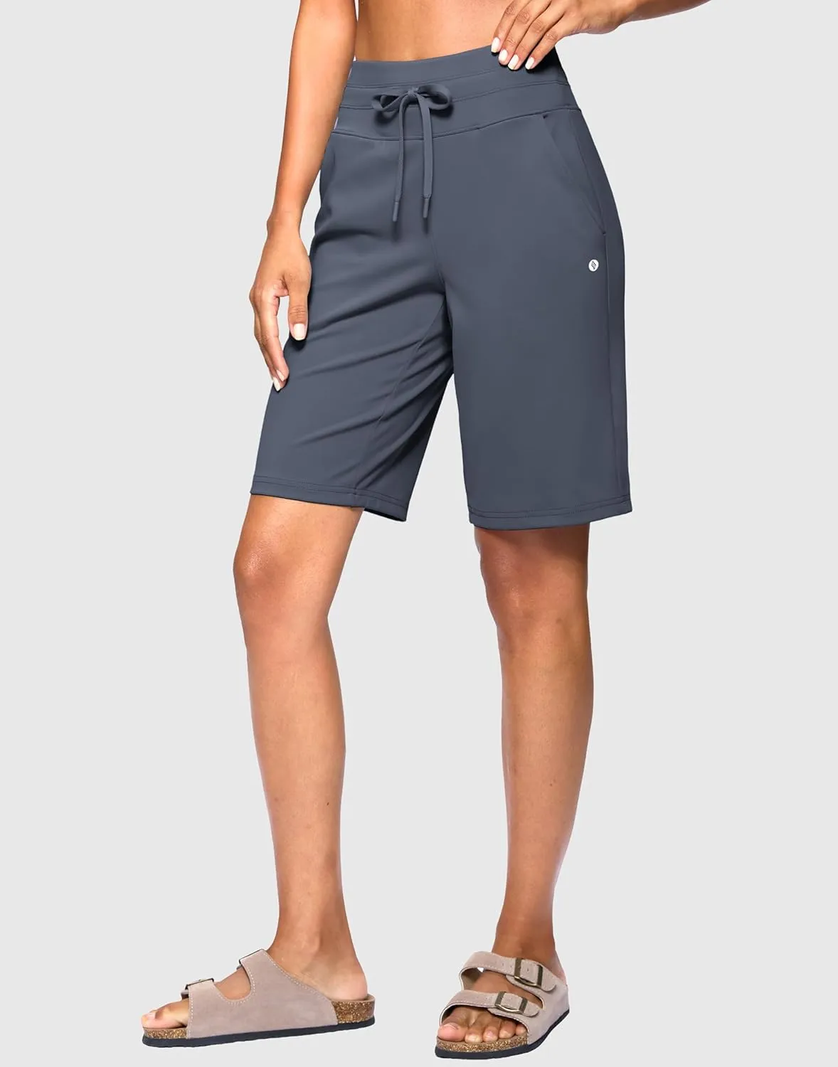 SANTINY Women's Bermuda Long Shorts with Pockets High Waisted Athletic Knee Length Shorts for Walking Casual Workout