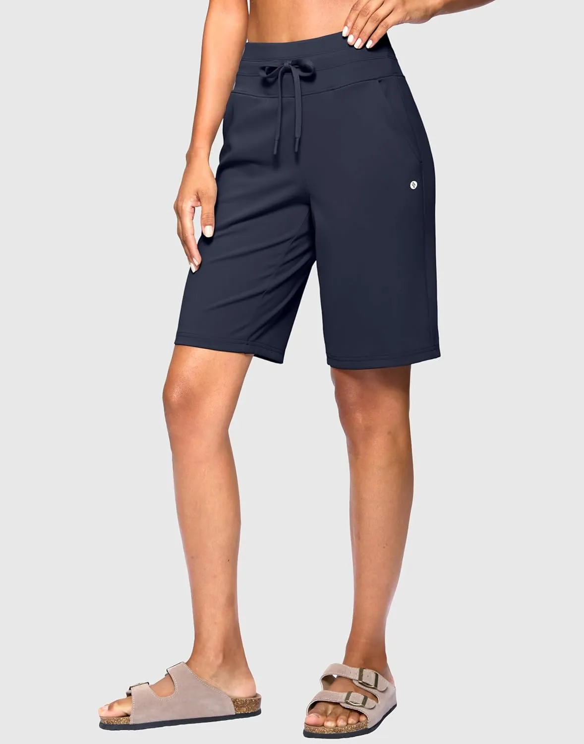 SANTINY Women's Bermuda Long Shorts with Pockets High Waisted Athletic Knee Length Shorts for Walking Casual Workout