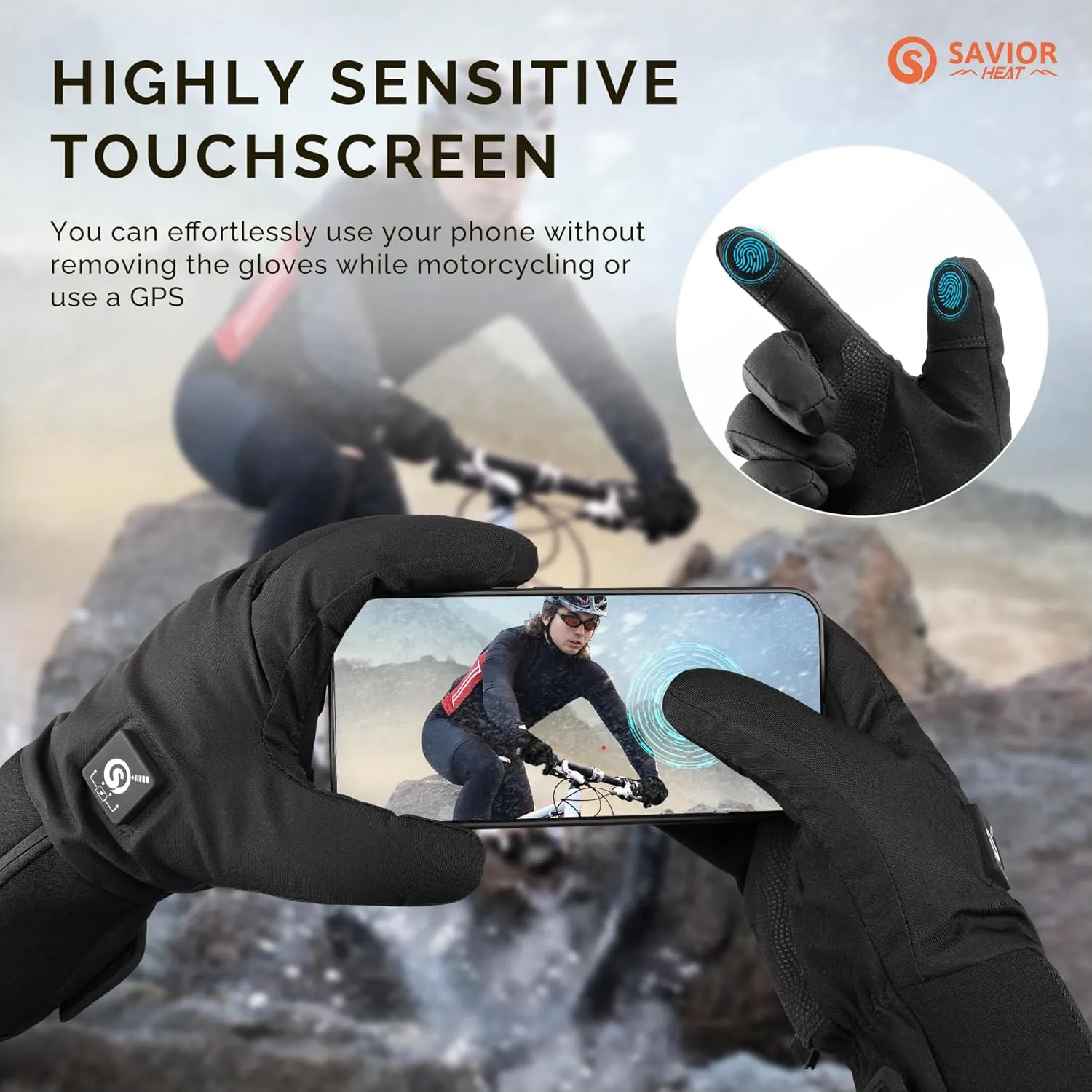 SAVIOR HEAT Heated Cycling Biking Gloves, Thin Electric Heated Gloves Men Women 7.4V Rechargeable Battery Cold Weather Motorcycling Working Hiking Camping Running Riding