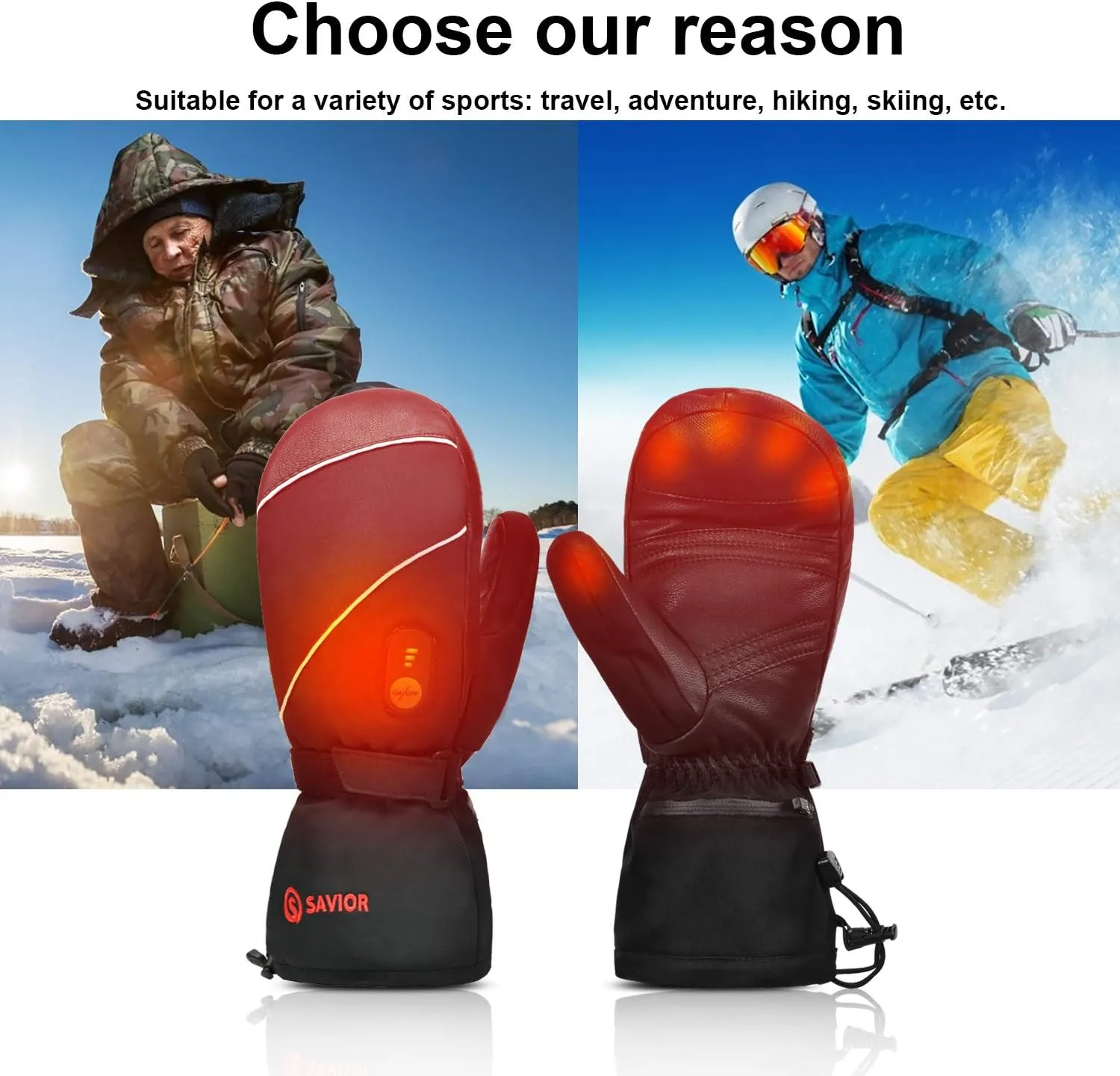 SAVIOR HEAT Heated Ski Mittens Gloves Electric Rechargeable Battery Mitts for Men Women Kids Winter Snowboard Motorcycle Skating Camping Hunting